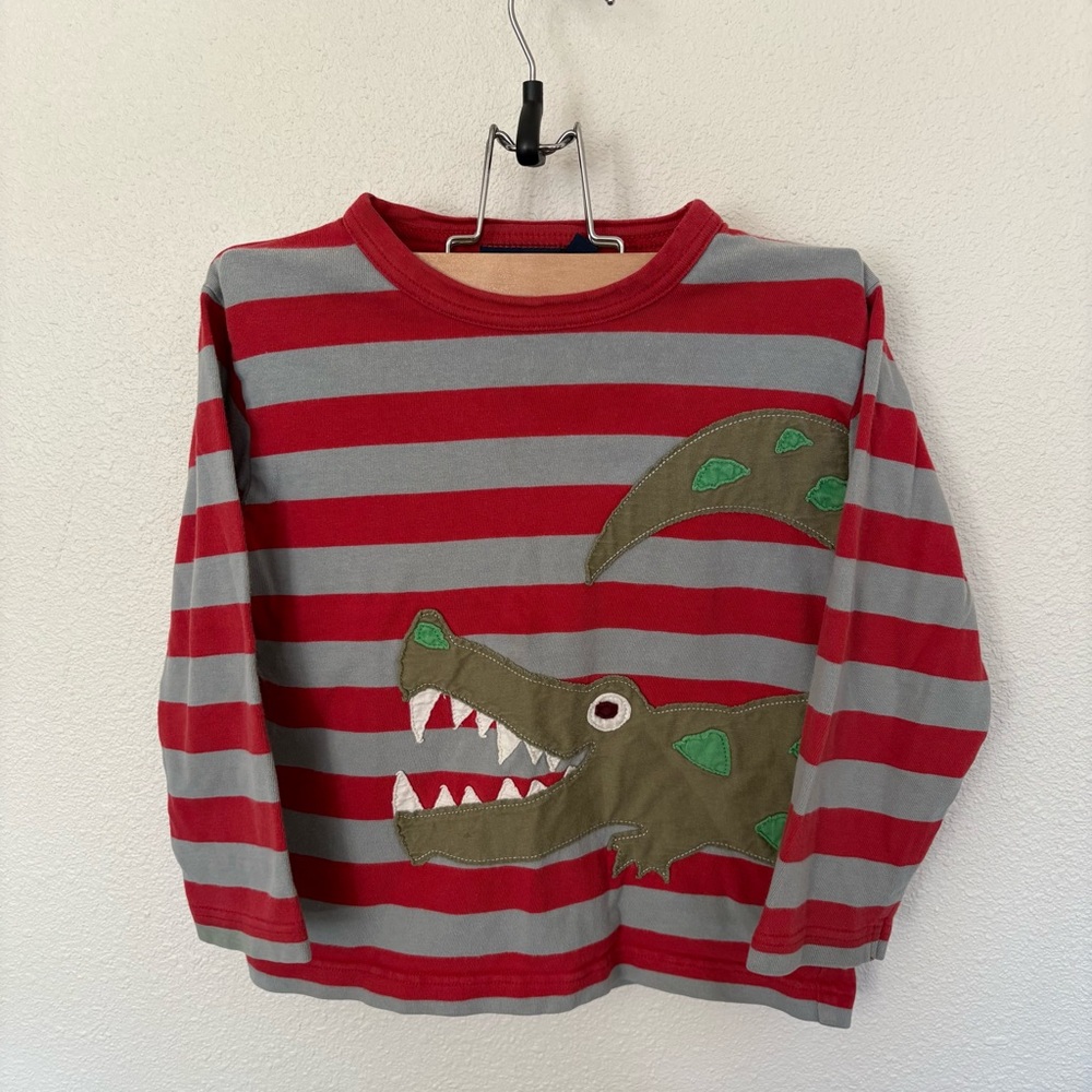 Mini Boden Red and Gray Long Sleeve Tee with Crocodile Appliqué Size 3-4Y